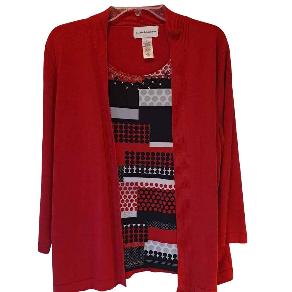 Alfred Dunner Women's Twofer Top Red Color Block Long Sleeve Layered Sequin L